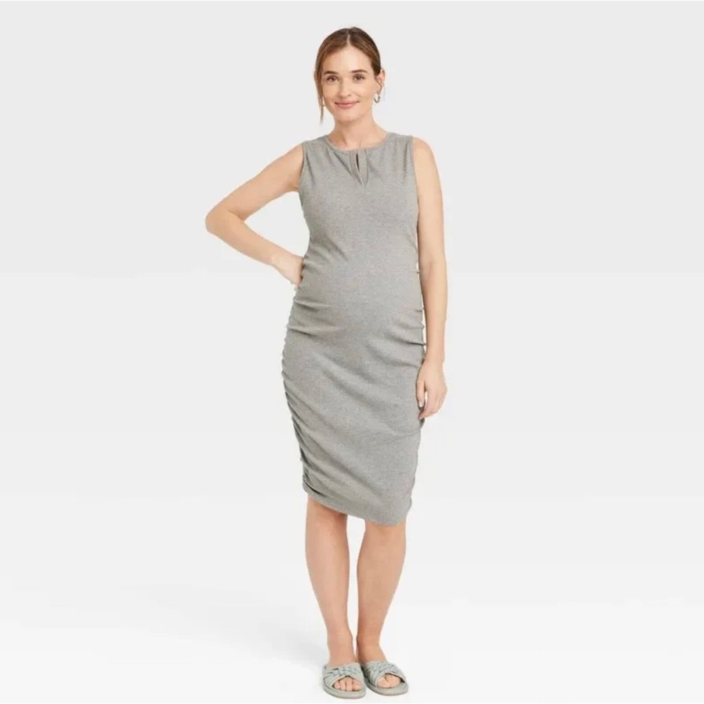 Isabel Maternity Heather Gray Ribbed Sleeveless Henley Tank Dress Side R…